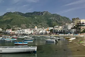 Campania Prints: ITALY-Campania-(Bay of Naples)-ISCHIA-FORIO: Town View from Fishing Port / Daytime