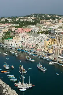 Campania Prints: ITALY-Campania-(Bay of Naples)-PROCIDA-CORRICELLA: Town view of CORRICELLA port