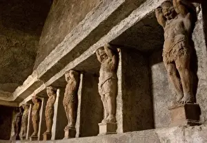 Italy, Campania, Pompeii. View of Telamons or sculpted columns in the tepidarium of the Forum Baths