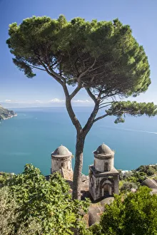 Europe Prints: Italy, Campania, Ravello. View of the Amalfi Coast and the towers of Villa Rufolo in the hilltop town of Ravello