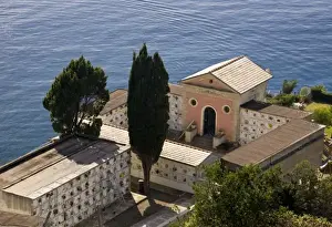 Manarola Prints: Italy, Cinque Terre, Manarola. Aerial view of the towns cemetery and mausoleum