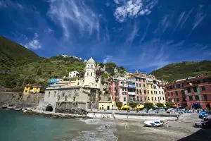 Italy, Cinque Terre, Vernazza, Harbor and Church of Vernazza