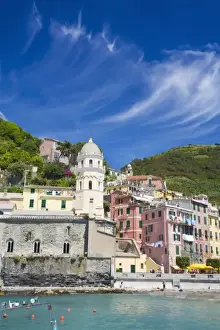 Place Worship Prints: Italy, Cinque Terre, Vernazza, Harbor and Church of Vernazza