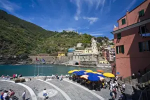 Italy, Cinque Terre, Vernazza, Harbor and Church of Vernazza