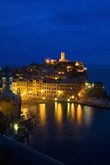 Italy, Cinque Terre, Vernazza, Night View of the Hillside Town of Vernazza
