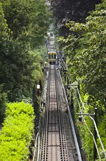 Tram Prints: ITALY, Como Province, Brunate. Arrival view of the Como-Brunate Funicolare tram