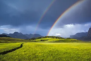 Rainbow Prints: Italy, Dolomites, Alpi di Siusi. Double rainbow over mountain meadow