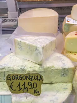 Images Dated 3rd January 2021: Italy, Florence. Blocks of gorgonzola cheese for sale in the Central Market