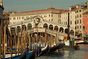 Italy, Gondolas line the waterways in Venice