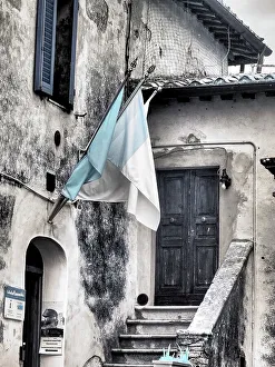 Infrared Prints: Italy. Infrared of stairs and flags of Monteriggioni