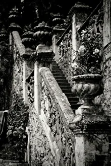Black And White Prints: Italy, Lecco Province, Varenna. Villa Monastero, gardens and lakefront