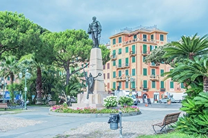 Town Square Prints: Italy, Liguria. Santa Margherita, statue of King Vittorio Emanuele