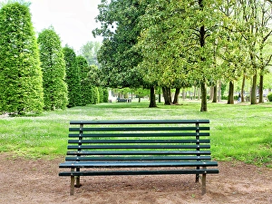 Images Dated 17th July 2024: Italy, Lombardy, Mantua. Piazza Virgiliana public park. Wooden bench