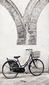 Bicycle Prints: Italy, Lucca. Infrared image of bicycle parked along the street
