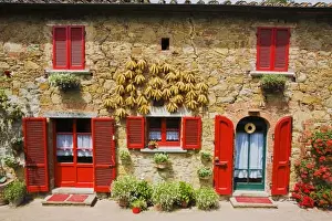 Warm Color Prints: Italy, Lucignano, Red Shutters and Harvest Corn on House Lucignano