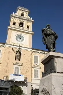 Parma Prints: Italy, Parma. The main government building painted yellow with a statue of Garibaldi