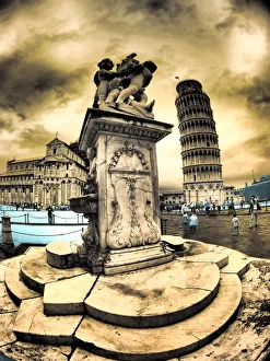 Colorized Prints: Italy, Pisa. Fontana Dei Putti with Duomo de Pisa, Piazza dei Miracoli