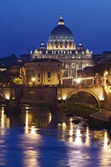 Italy, Rome, St. Peters Basilica, Tiber River night scene