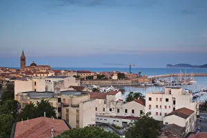 Sassari Province Prints: ITALY, Sardinia, Alghero. Aerial town view from the east, morning
