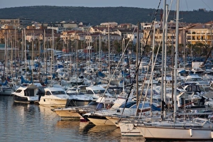 Sassari Province Prints: Italy, Sardinia, Alghero. Yacht marina, dusk