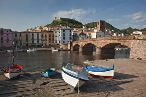 Temo River Prints: Italy, Sardinia, Bosa. Town view along Temo River and Ponte Vecchio bridge