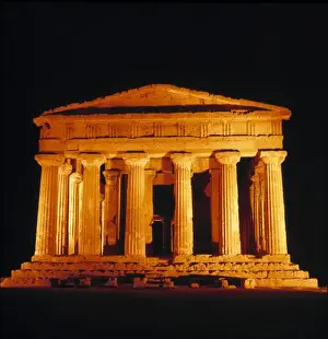 Agrigento Prints: Italy, Sicily, Agrigento. Flood-lights emphasize the classic lines of the Temple
