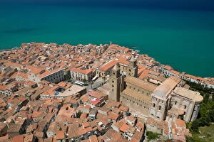 Italy, Sicily, Cefalu, Town with 13th century Duomo from La Rocca Mountain