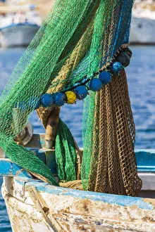 Sicily Prints: Italy, Sicily, Palermo Province, Santa Flavia. Net on a small fishing boat in the harbor