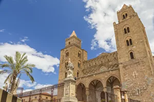 Images Dated 4th February 2020: Italy, Sicily, Palermo Province, Cefalu. Exterior view of the towers of the Cefalu