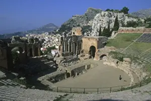 Taormina Prints: Italy, Sicily, Taormina, Greek theatre with town in background