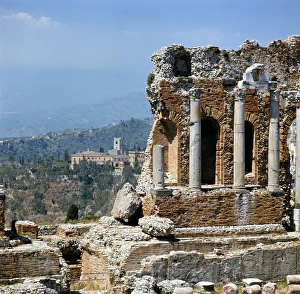 Taormina Prints: Italy, Sicily, Taormina. Smoke from erupting Mt