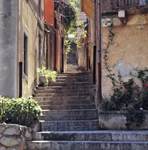 Taormina Prints: Italy, Sicily, Taormina. A stairway invites walkers to explore Taormina on Sicily, Italy