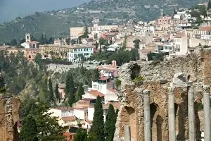 Taormina Prints: ITALY-Sicily-TAORMINA: Teatro Greco -Greek Theater (c. 3rd century BC) & Town