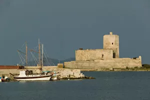 Italy, Sicily, Trapani, Morning View of Colombaia Fort / Harbor