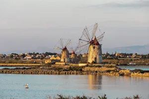 Sicily Prints: Italy, Sicily, Trapani Province, Marsala. Wind mills at the salt evaporation ponds in