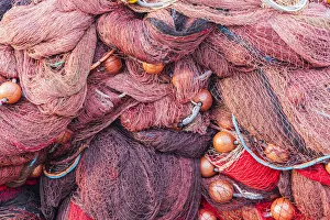 Buoy Prints: Italy, Sicily, Trapani Province, Trapani. Fishing nets and buoys on the docks of