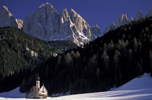 Dolomites Prints: Italy, Trentino, Alto Adige, Dolomites. Town of Santa Magdalena, church of St. Johan