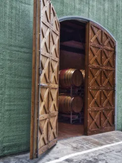 Images Dated 3rd January 2021: Italy, Tuscany. Beautiful wooden doors leading to a barrel room at a winery