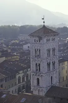 Lucca Prints: Italy, Tuscany, Lucca 14th C. tower and old houses with moutain in distance