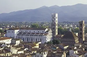 Italy, Tuscany, Lucca Cathedral of San Martino (13th C. ) and houses with mountains