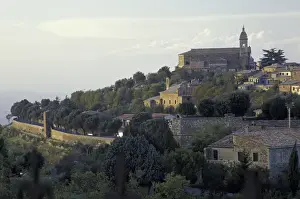 Montalcino Prints: Italy, Tuscany, Montalcino Cathedral and houses in walled city