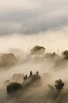 Houses Prints: Italy, Tuscany. Morning fog drifts over vineyards with sun breaking through