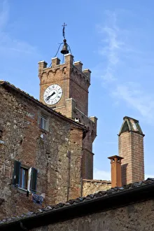 Bell Tower Prints: Italy, Tuscany, Pienza. The town hall clock tower in the town of Pienza