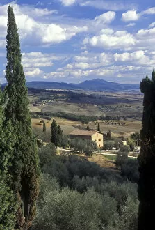 Italy, Tuscany, Pienza. A view across the Tuscan hills from the town of Pienza