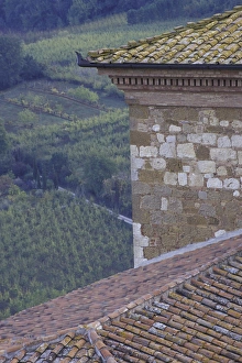 Tile Roof Prints: Italy, Tuscany Tile roof and farmhouse and fields
