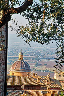 Umbria Prints: Italy, Umbria, Assisi. The dome of the Convento Chiesa Nuova with the countryside in the distance