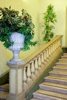Romanesque Prints: Italy, Umbria, Spoleto. Concrete urn filled with greenery on the end of a banister of a staircase