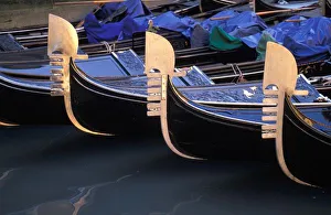 Venetia Prints: Italy, Veneto, Venice. Row of Gondolas