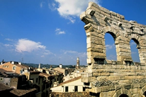 Arena Prints: Italy, Veneto, Verona. Roman arena detail and town view