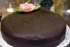 Bakery Prints: Italy, Venice. Chocolate cake in a bakery window